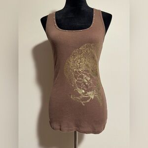 Preloved Bisou Bisou Brown and Gold Floral Design Tank Top size small